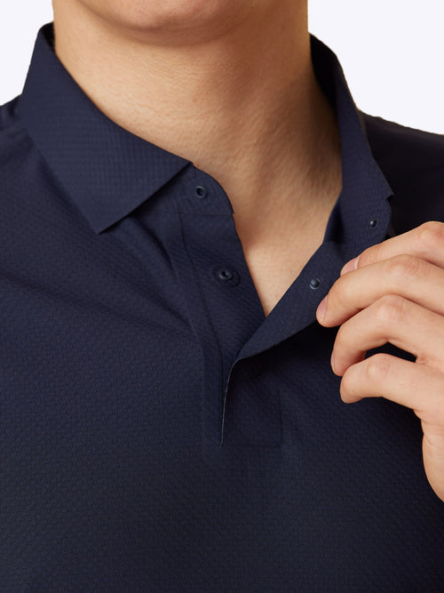 Detailed shot of the structured collar on the Oceana Loogaroo Gameday Polo, showing fine craftsmanship