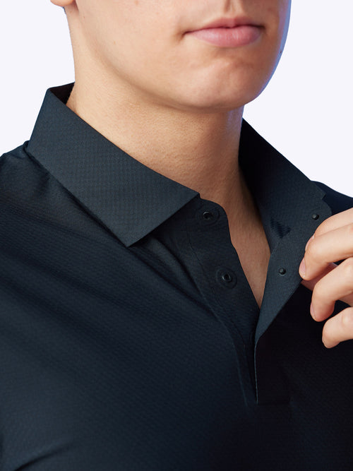 Detailed view of the structured collar on the Onyx Loogaroo Gameday Polo, showcasing its refined construction