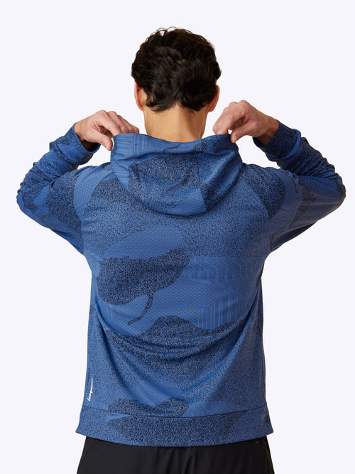 Rear view of Loogaroo's Pulse Hoodie in Oceana, showcasing the garment's elegant design and fit